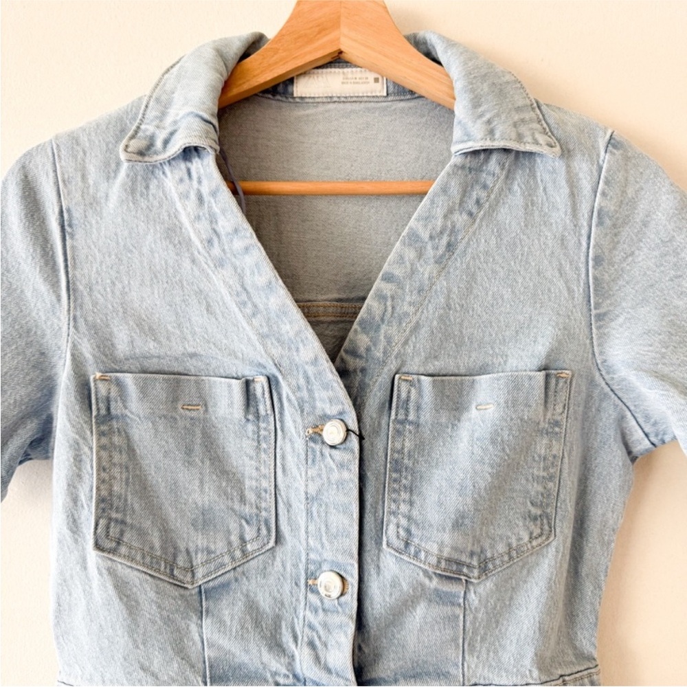 Zara Light Wash Denim Dress XL NWT | Button Front Utility Mini Dress - Picture 2 of 14